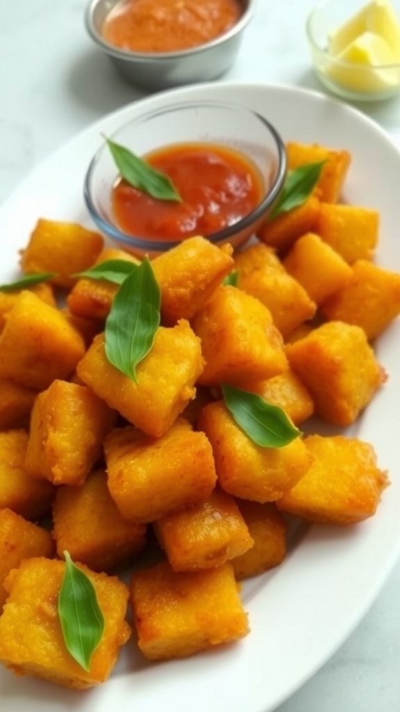 Crispy Potato 65 served on a plate, garnished with curry leaves and accompanied by a dipping sauce.